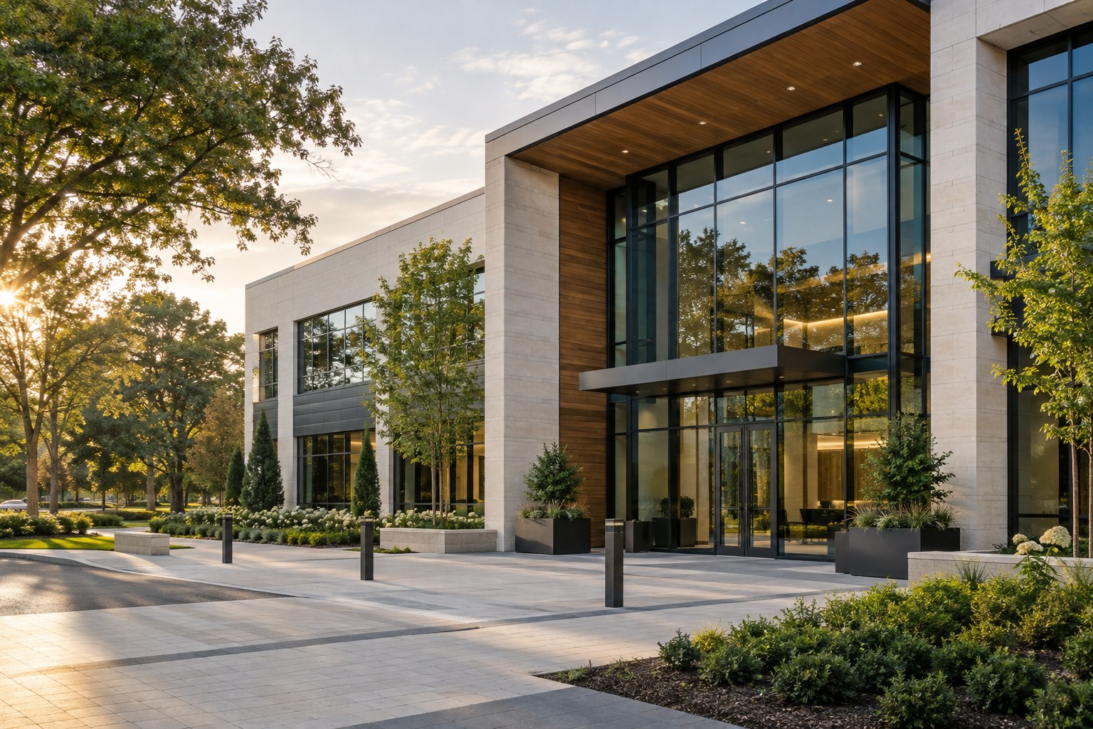 Illustrative contemporary commercial office building with landscaped entry